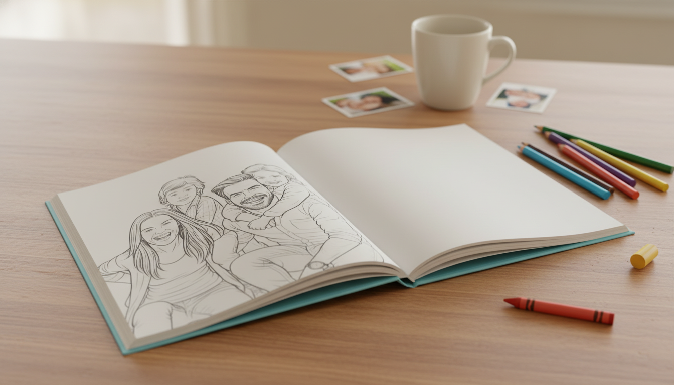 Open personalized coloring book on a warm wooden kitchen table — realistic family portrait line art on the left page, blank facing page on the right, with colored pencils, crayons, family photos, and a coffee mug in soft focus.