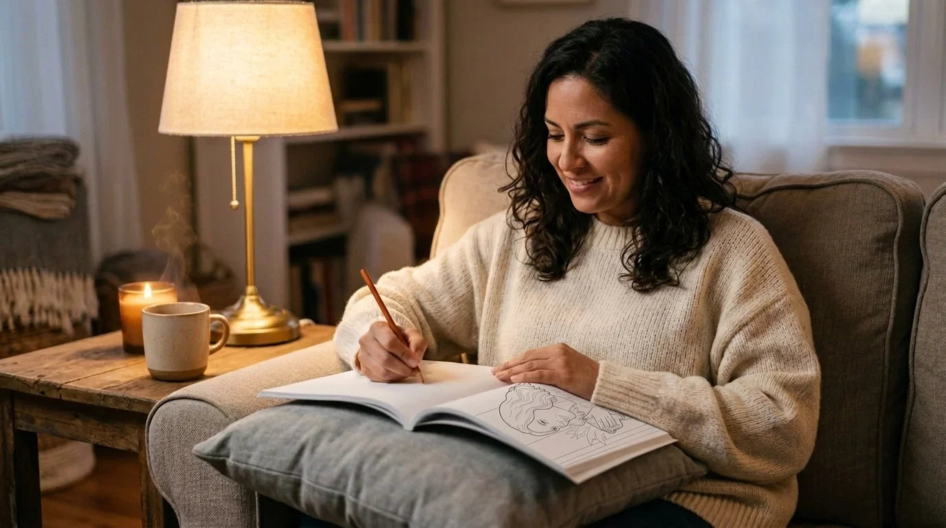 A woman relaxing on the sofa with a mug, coloring a personalized coloring page made from a photo