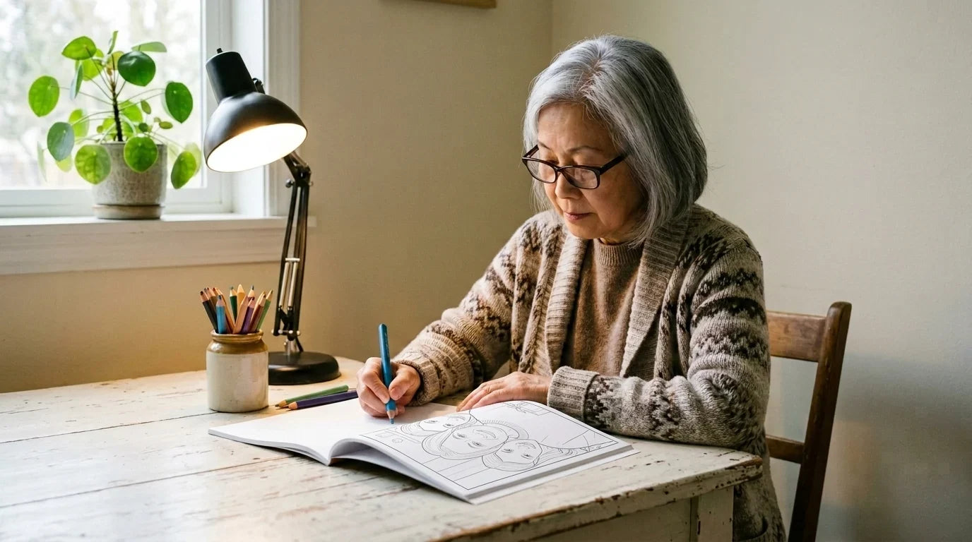 An older woman coloring a personalized coloring page at a well-lit table with chunky colored pencils