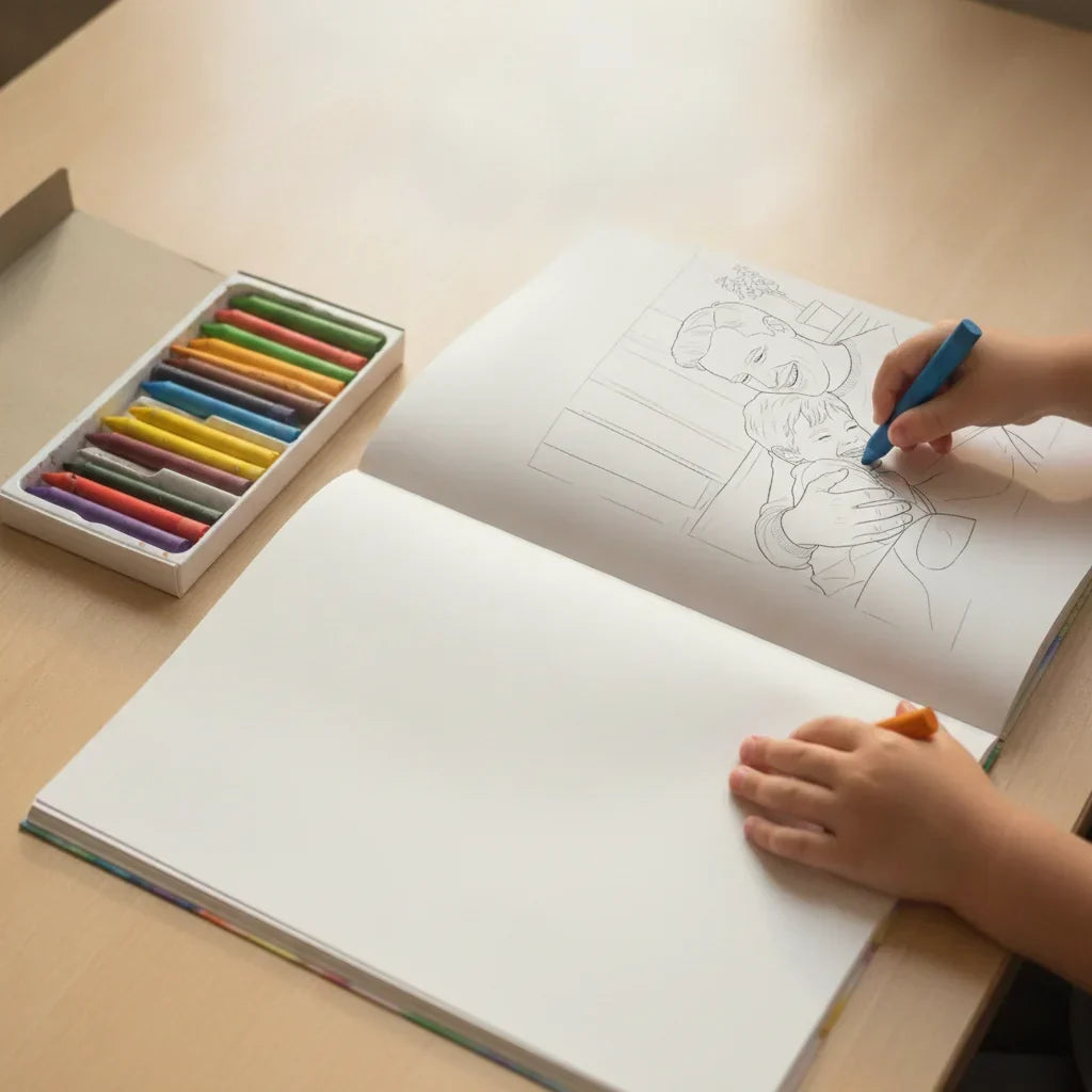 A child's hands coloring a personalized coloring book page with chunky crayons