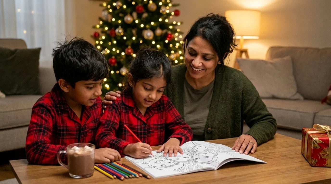 A family coloring a personalized Christmas coloring book made from their own photos by the tree