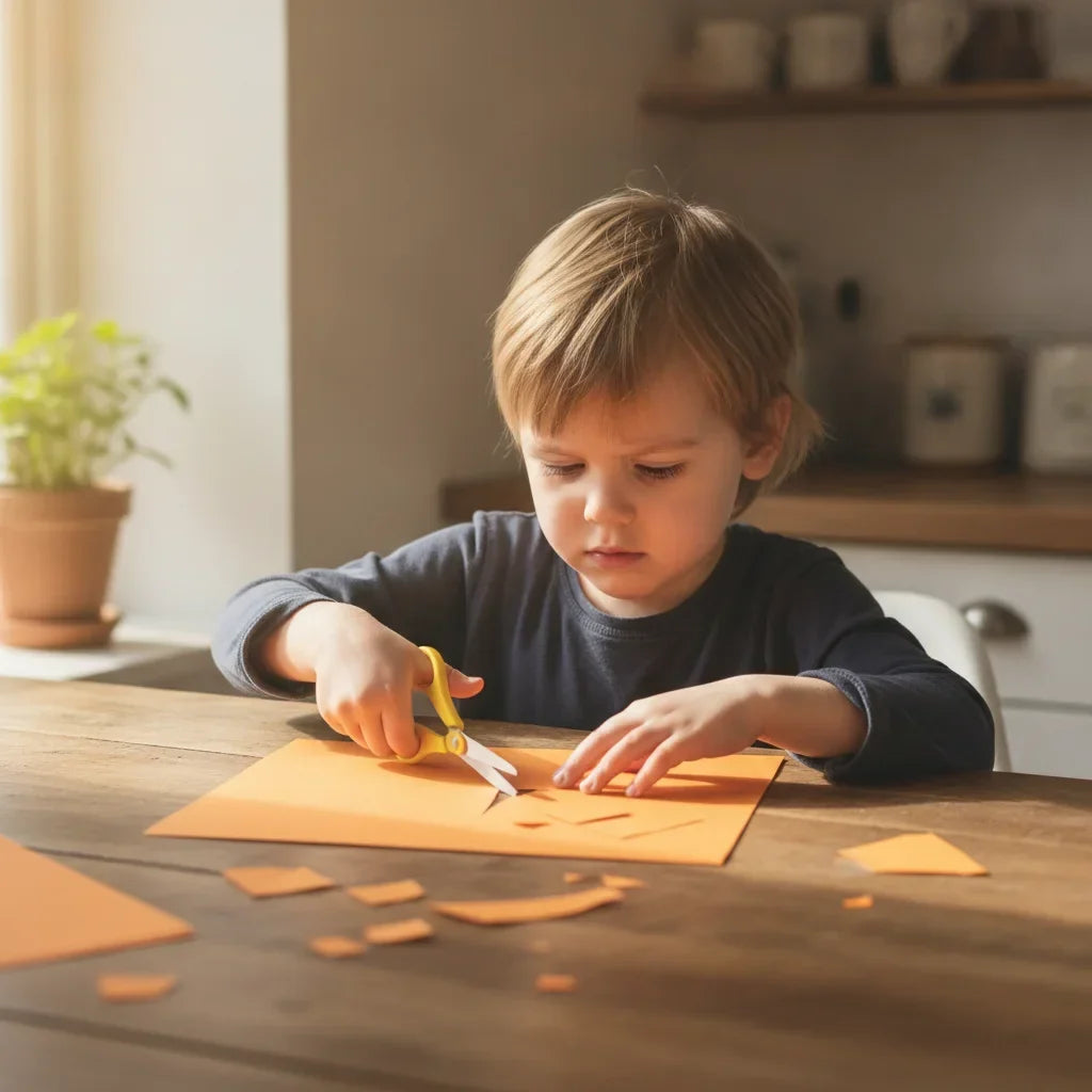 A child cutting paper with scissors while the other hand holds the page steady, a bilateral coordination task