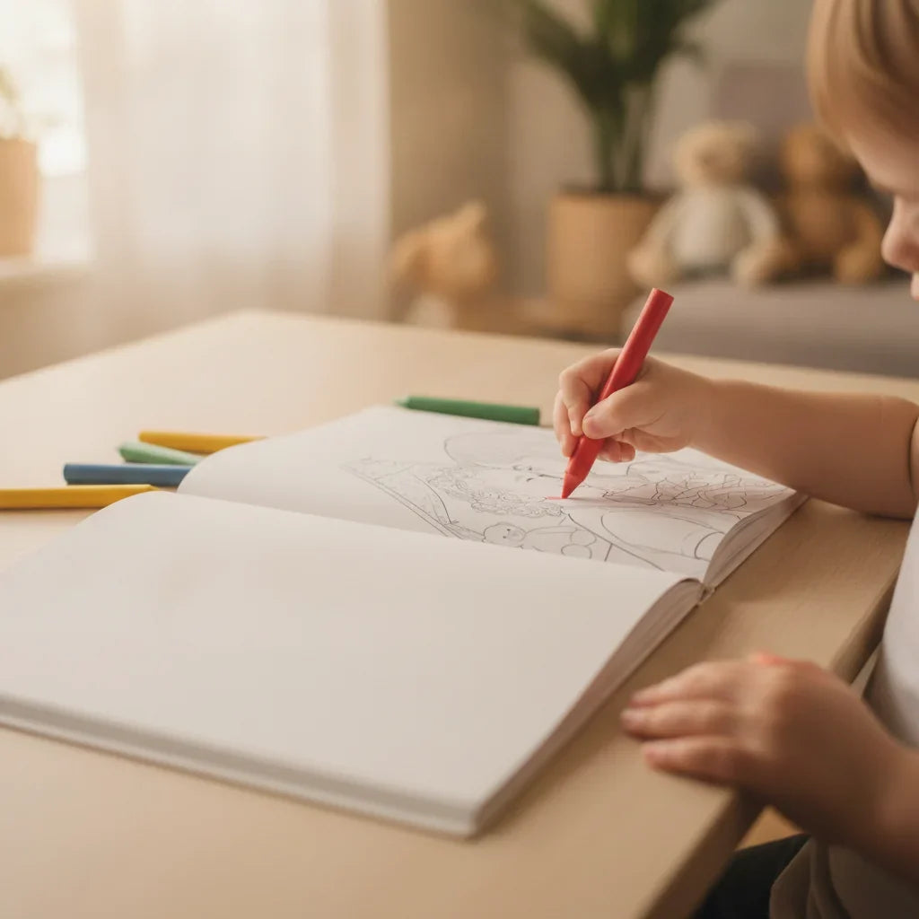 A preschooler using a crayon to color a personalized coloring book page, building fine motor skills