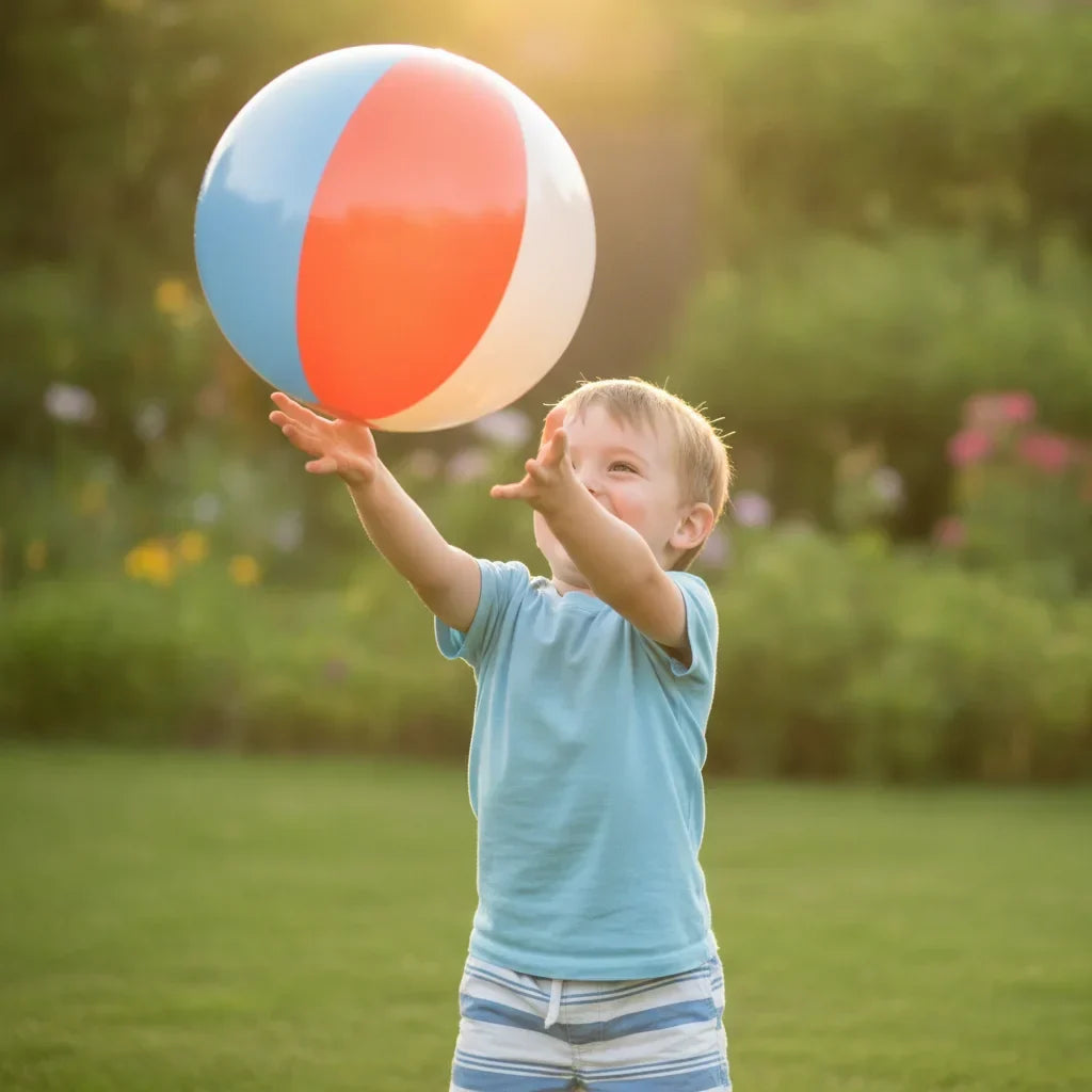 A child catching a large beach ball with both hands, an activity that builds hand-eye coordination