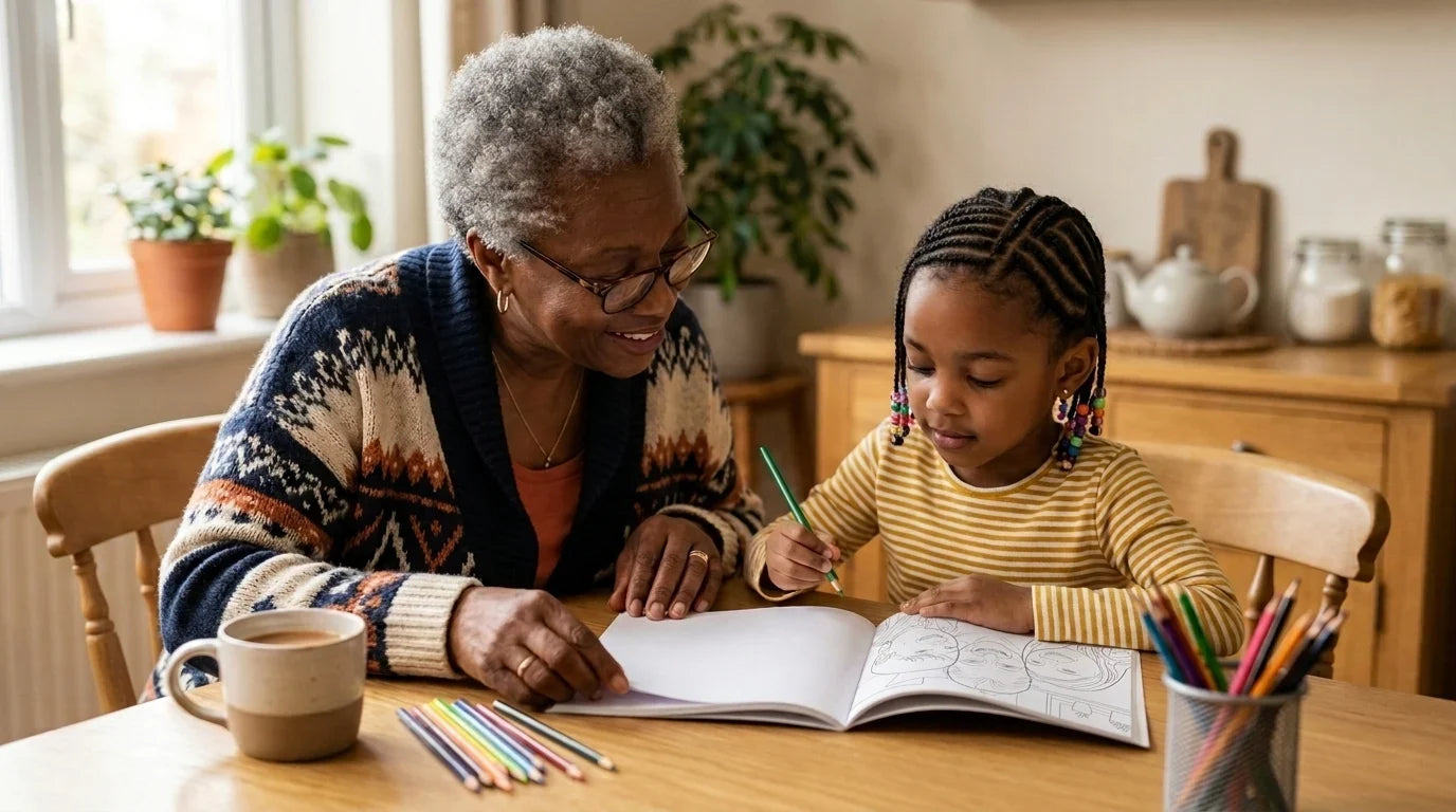 Grandmother and grandchild coloring a personalized coloring book page together at a kitchen table