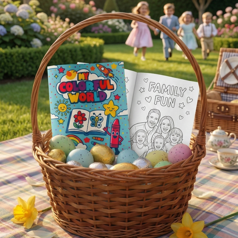 Easter basket with coloring books and eggs on a picnic blanket outdoors.
