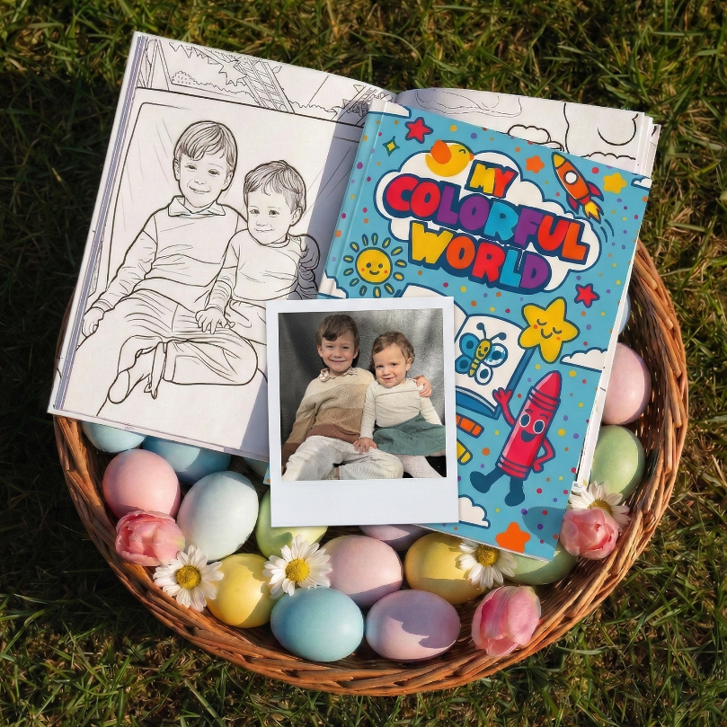 Coloring book titled 'My Colorful World' with a photo of two children on a grassy background
