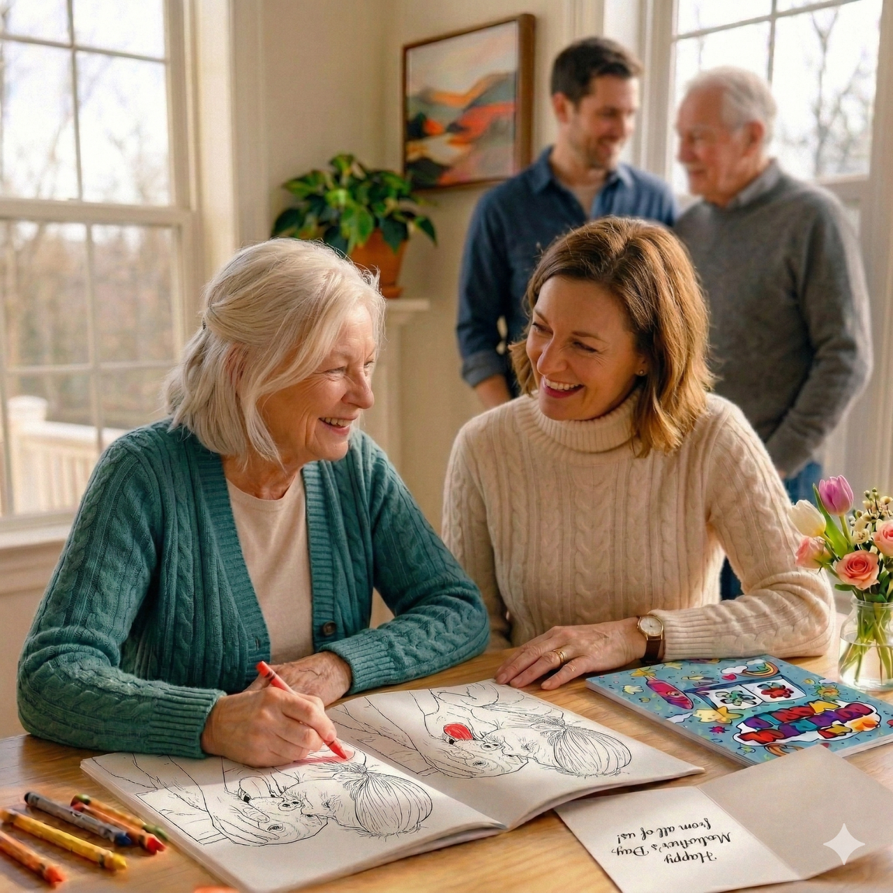 Two women coloring at a table with two men standing behind them, in a home setting.