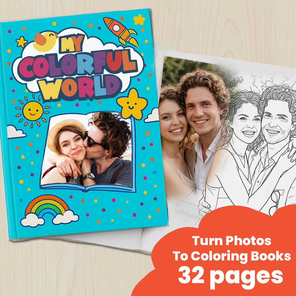 Adult Coloring Book from Photos – 32 Pages: promo graphic of your photos turned into a 32-page coloring book