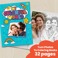 Adult Coloring Book from Photos – 32 Pages: promo graphic of your photos turned into a 32-page coloring book