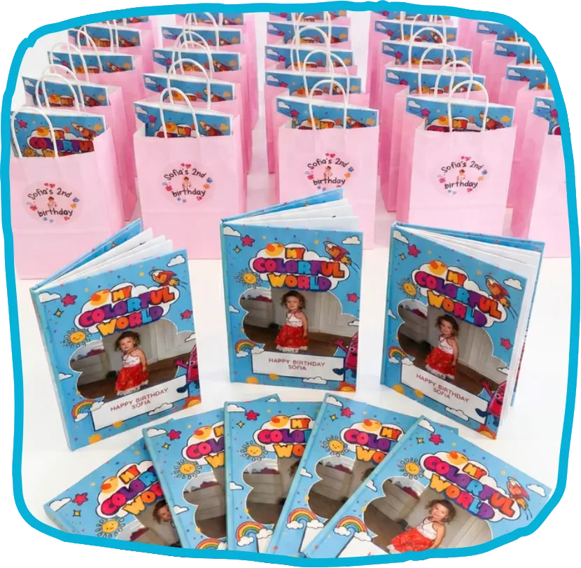 A collection of personalized coloring books for bulk orders and party favors