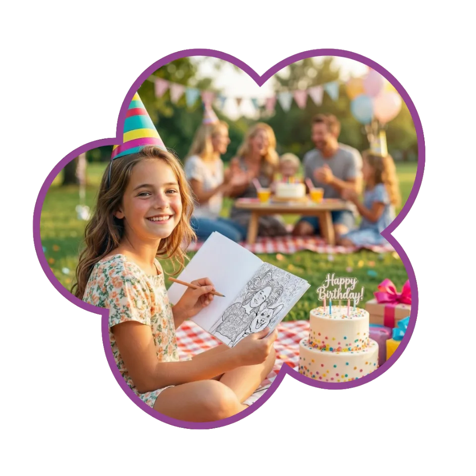 A child at a birthday party with a personalized coloring book
