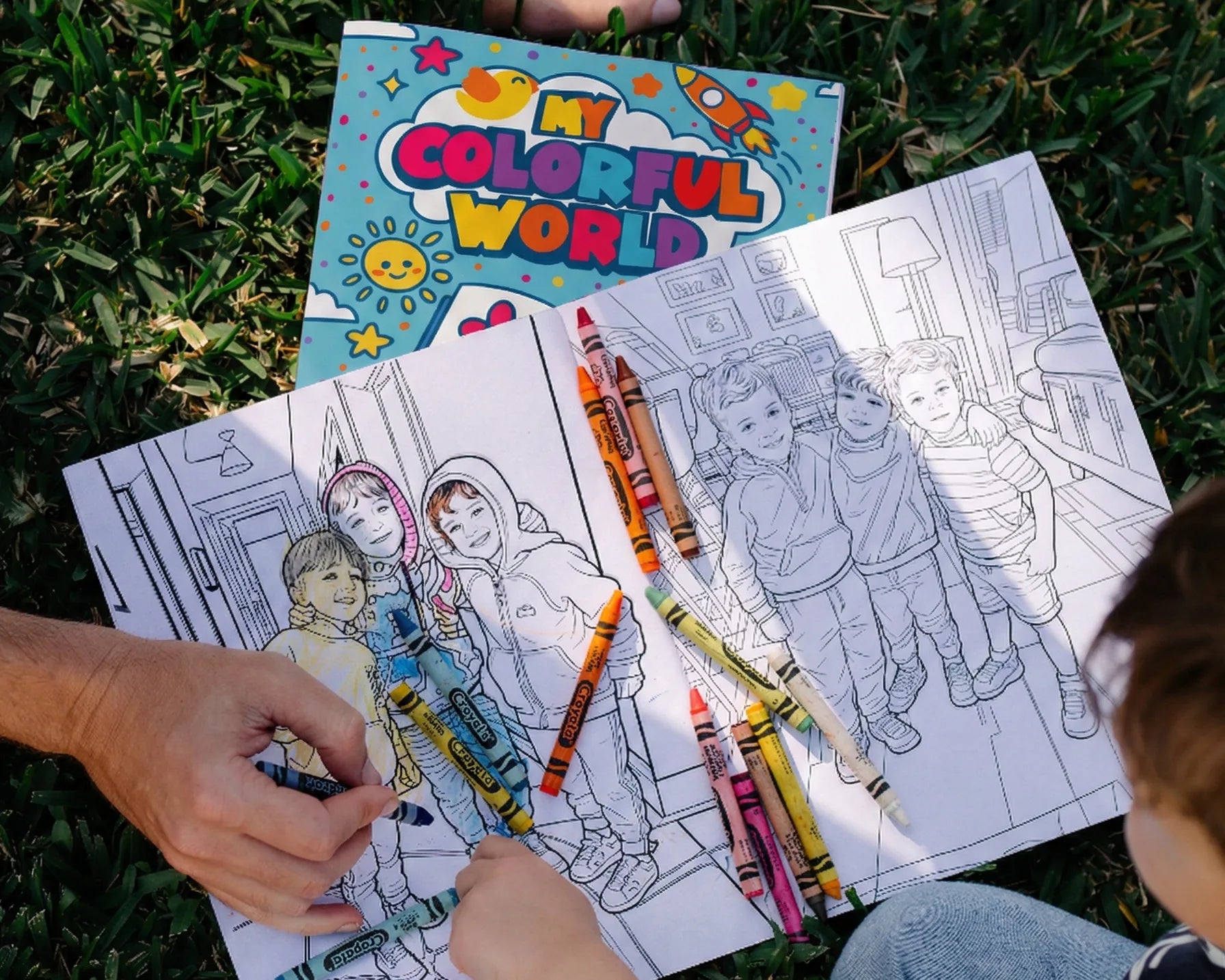 Hands coloring a personalized coloring book page with crayons