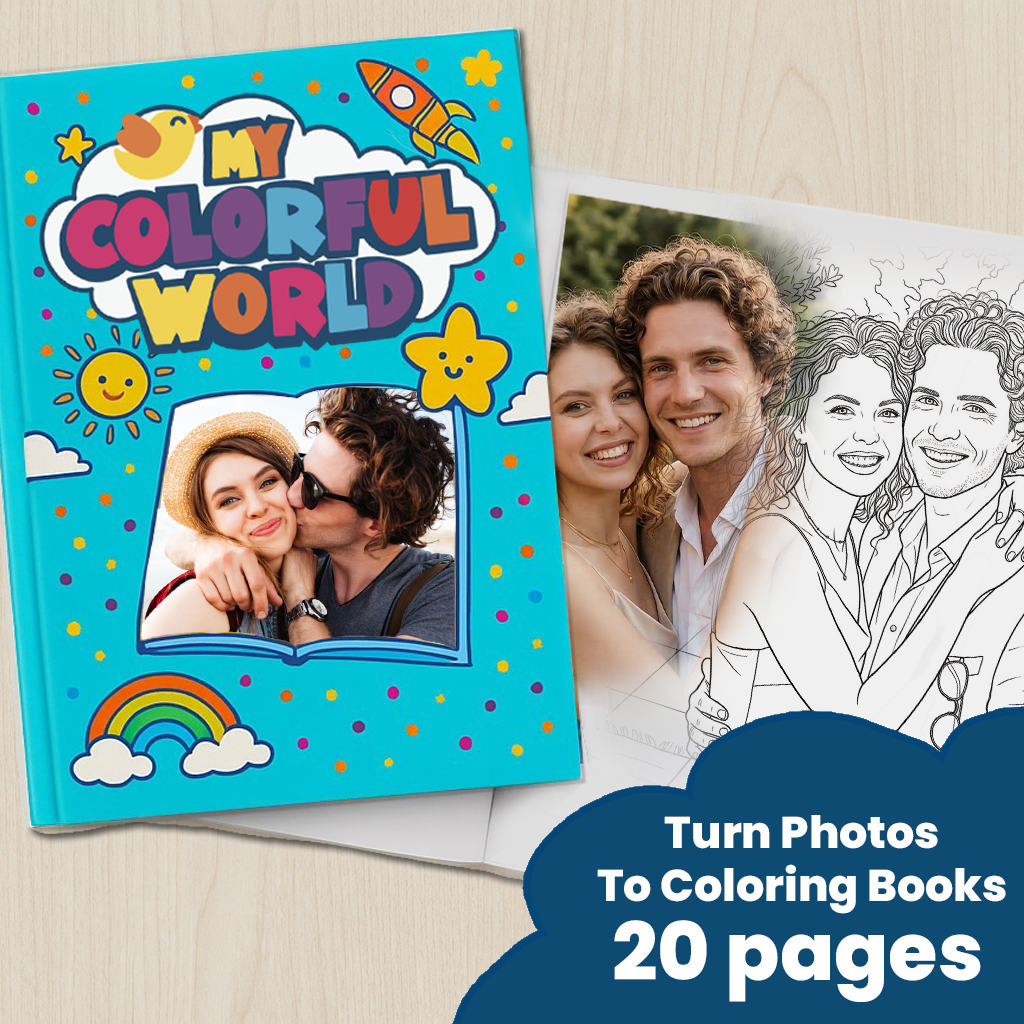 Custom Coloring Book for Adults from Photos – 20 Pages: promo graphic of your photos turned into a coloring book