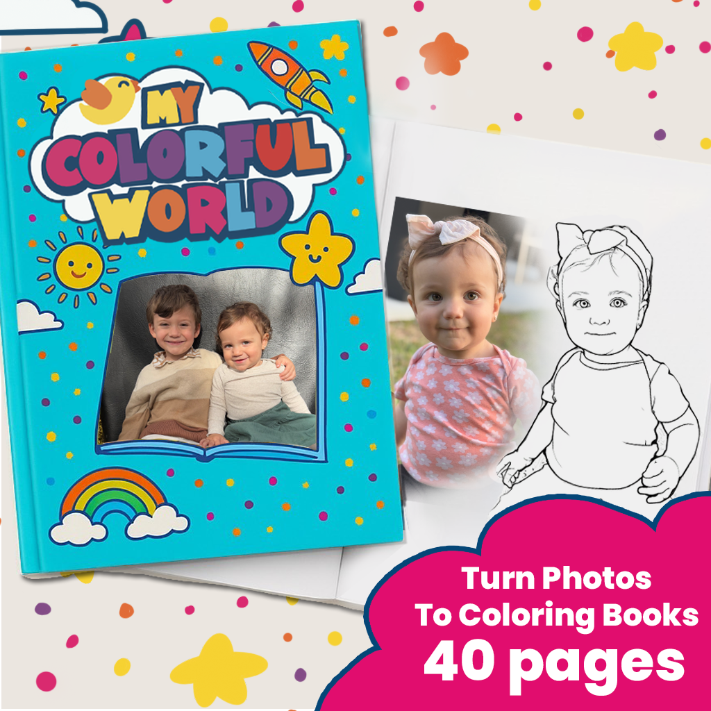 Custom Coloring Book from Photos – 40 Pages: promo graphic of your photos turned into our biggest coloring book