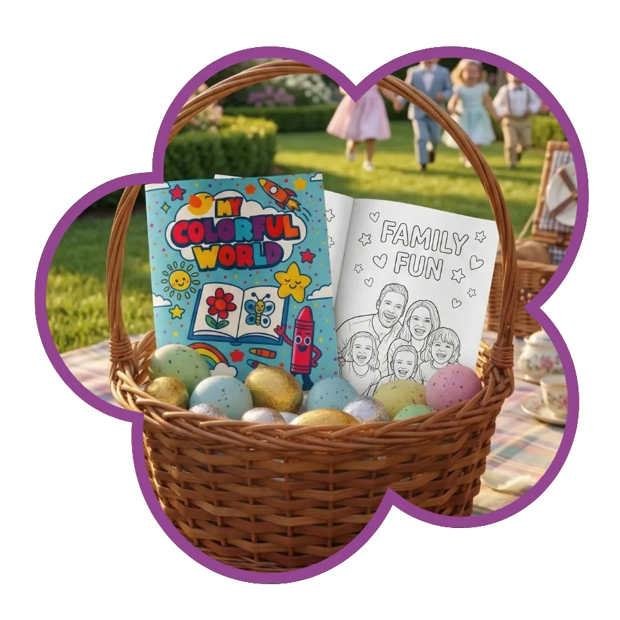 A personalized coloring book gift in an Easter basket with eggs