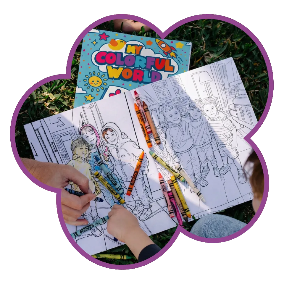A hand coloring a personalized coloring book page with crayons
