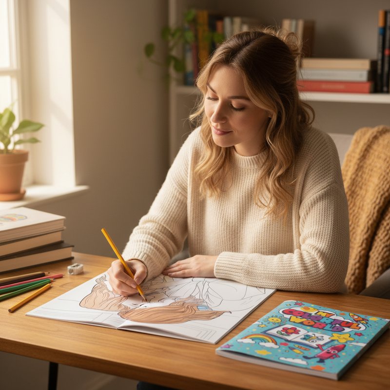 Adult coloring a personalized coloring book of their own memories