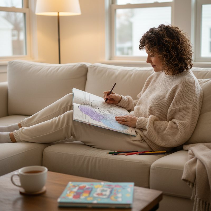 Adult relaxing while coloring a personalized coloring book