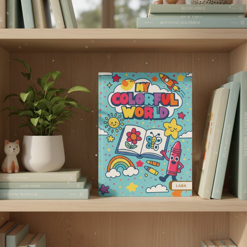 Personalized adult coloring book kept as a keepsake on a shelf