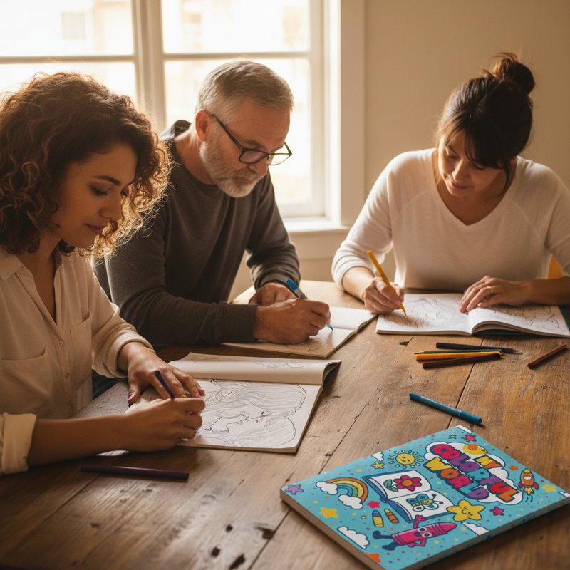 Adults of different ages coloring personalized coloring books