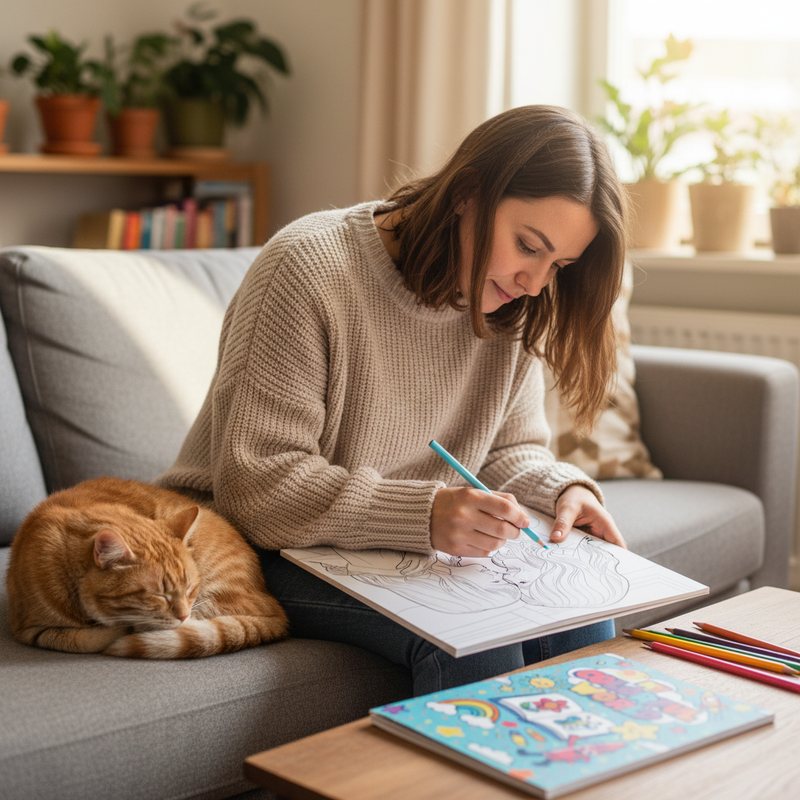 Adult coloring a personalized coloring book of their cat