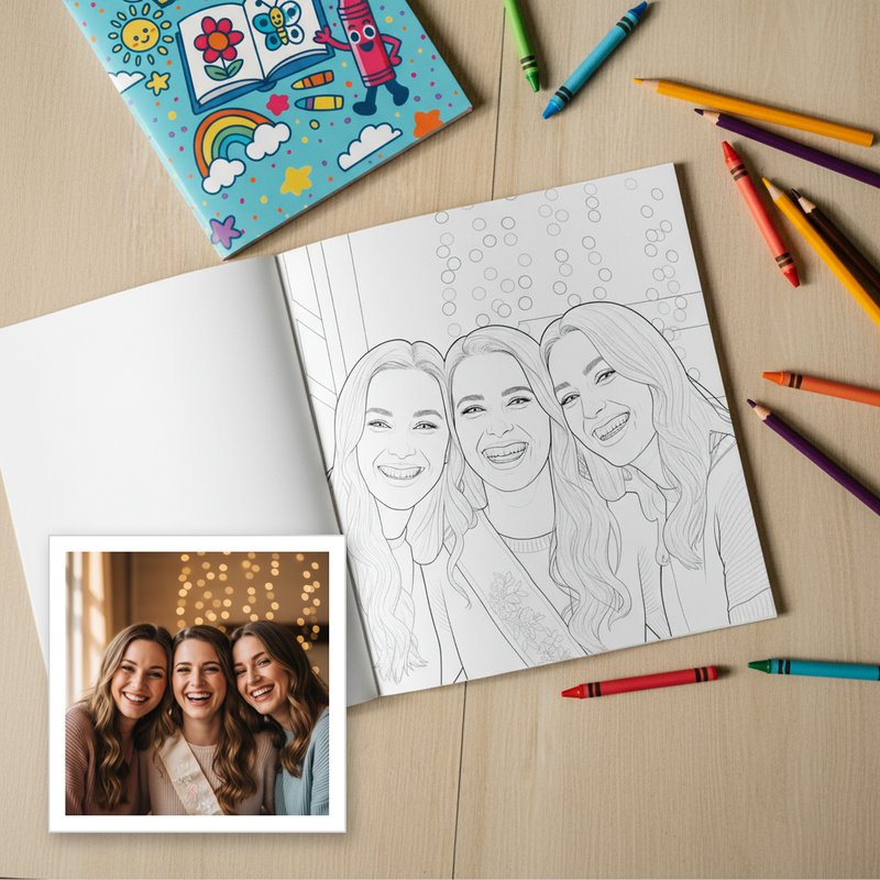 Bachelorette photo transformed into a personalized coloring book