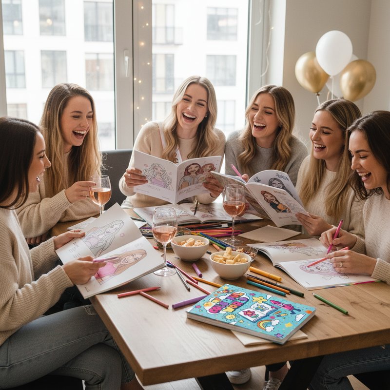 Friends coloring personalized bachelorette coloring books with wine