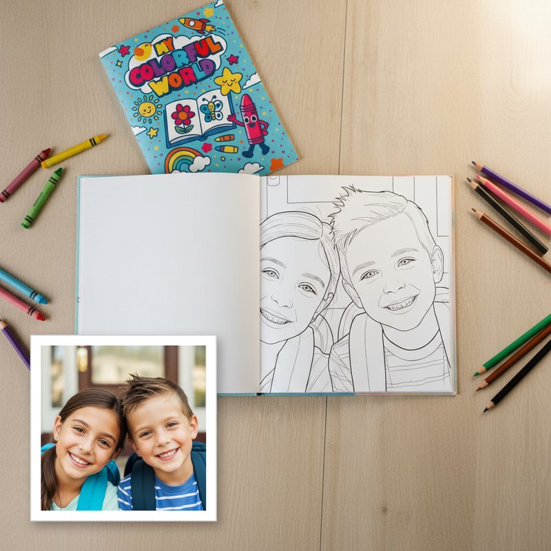 Back-to-school photo transformed into a personalized coloring book