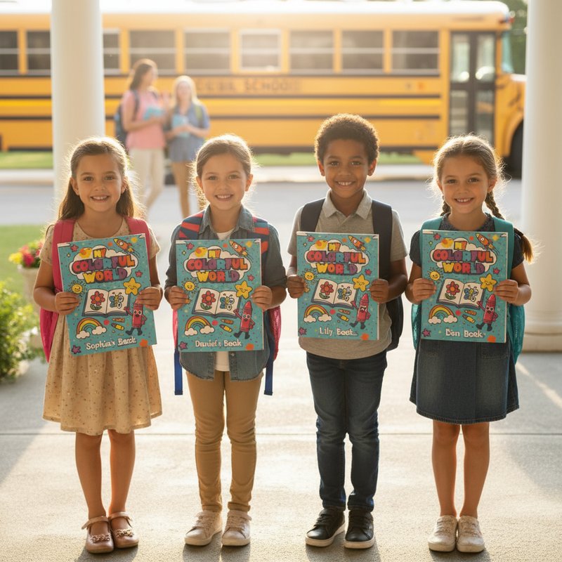 Kids with backpacks holding personalized coloring books