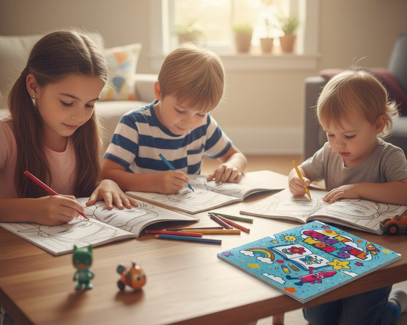 Kids of different ages coloring personalized coloring books