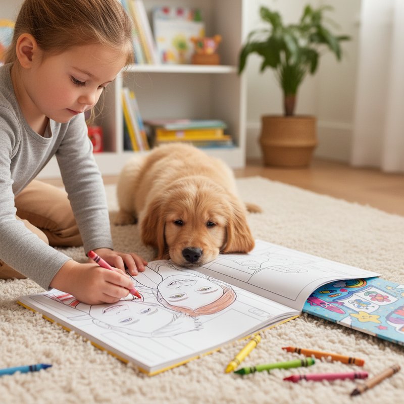 Child coloring a personalized coloring book with the family pet