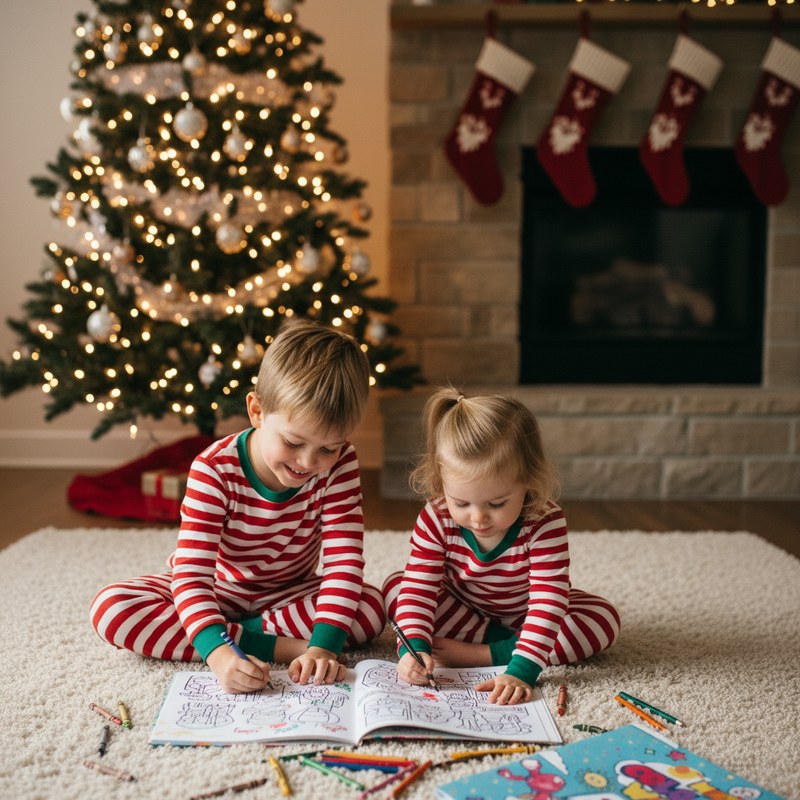 Kids in pajamas coloring a personalized coloring book by the Christmas tree