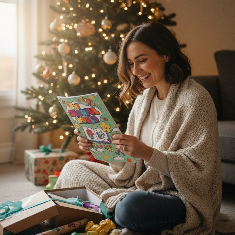 Opening a personalized coloring book gift by the Christmas tree