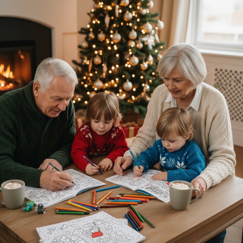 Grandparents and grandkids coloring personalized coloring books at Christmas