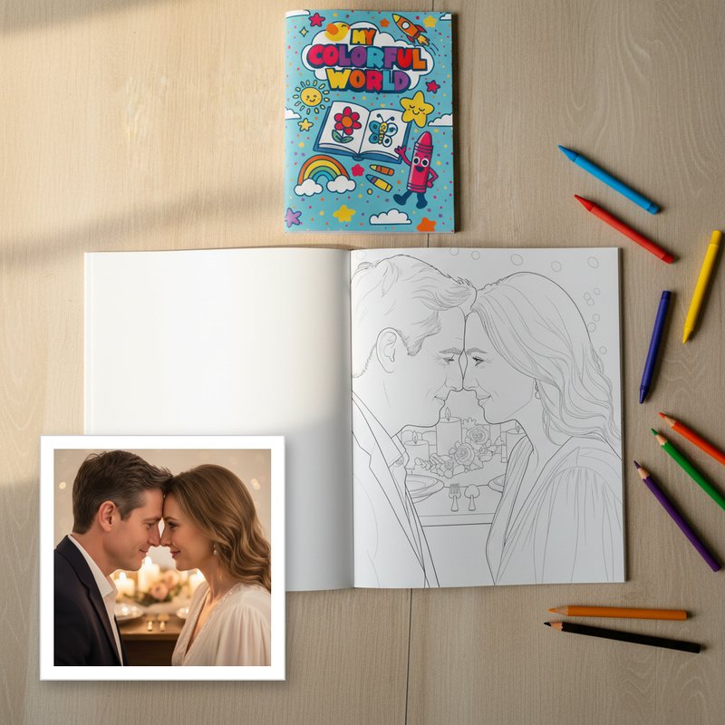 A couple's photo transformed into a personalized coloring book page