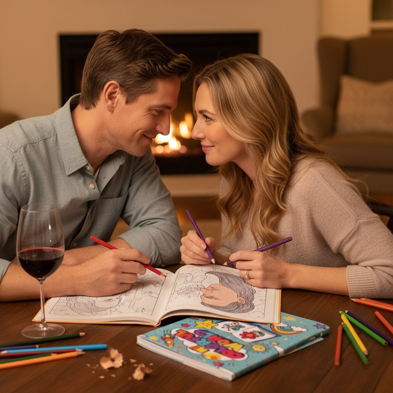 Couple coloring a personalized coloring book together on date night