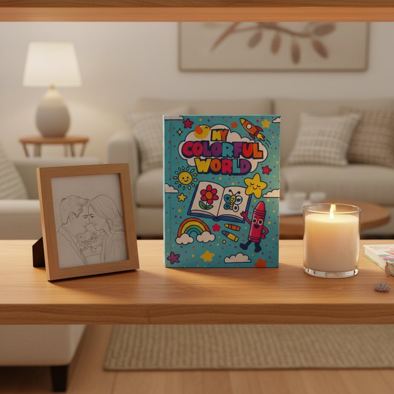 Personalized coloring book kept as a keepsake beside a framed photo