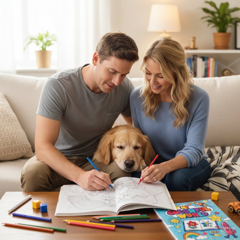 Couple coloring a personalized coloring book with their dog