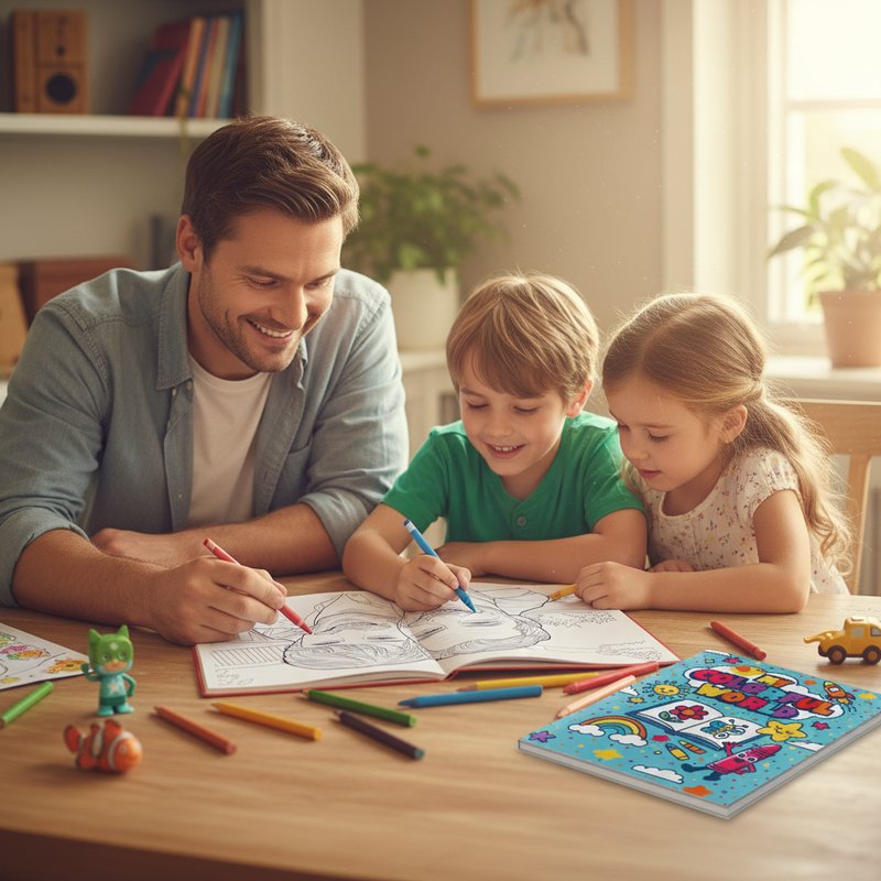 Dad and kids coloring a personalized Father's Day coloring book