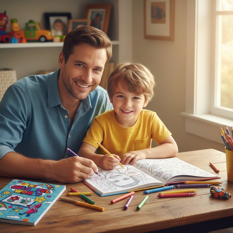 Dad and child coloring a personalized coloring book together