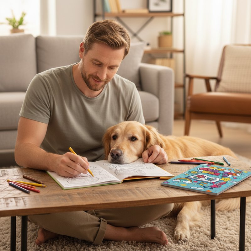 Dad coloring a personalized coloring book with the family dog