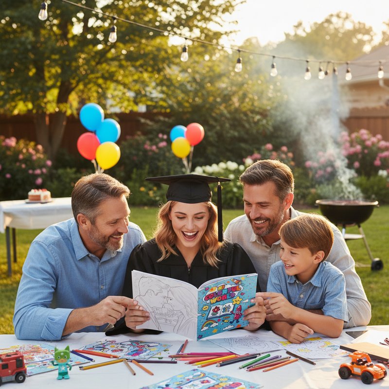 Graduate with a personalized graduation coloring book at a party