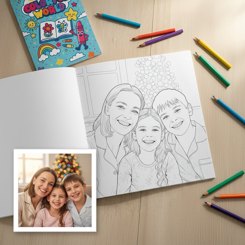 Hanukkah photo transformed into a personalized coloring book