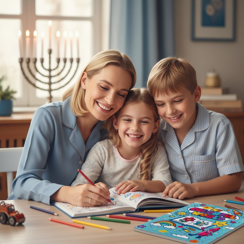 Family coloring a personalized Hanukkah coloring book by the menorah