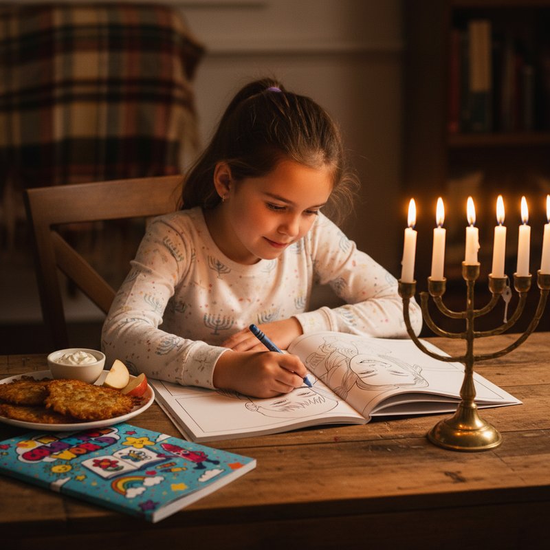 Child coloring a personalized Hanukkah coloring book by candlelight