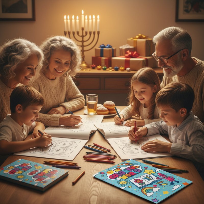 Grandparents and grandkids coloring personalized Hanukkah coloring books