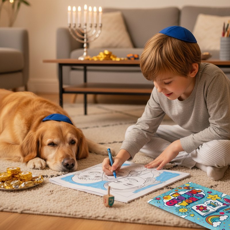 Child coloring a personalized Hanukkah coloring book with the family dog