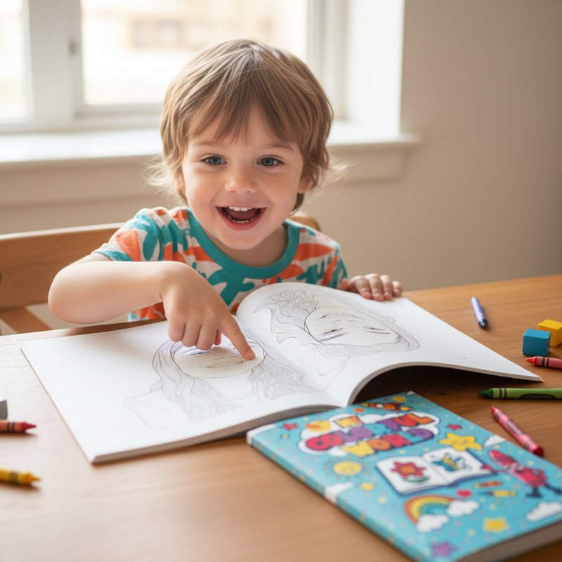Child recognizing their own face on a personalized coloring book page