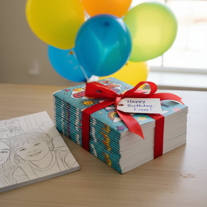 Personalized coloring books as kids birthday party favors